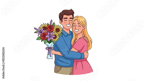 A loving cartoon couple embracing as the man presents a beautiful bouquet of flowers for a romantic celebration