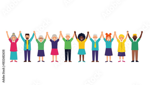Diverse group of people of different ages and ethnicities holding hands in unity and celebration