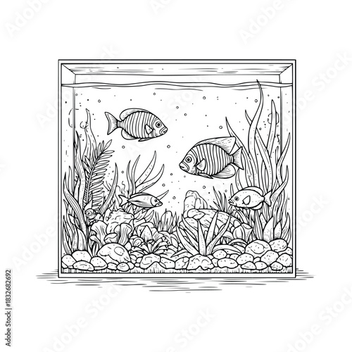 hand drawn aquarium black and white vector illustration