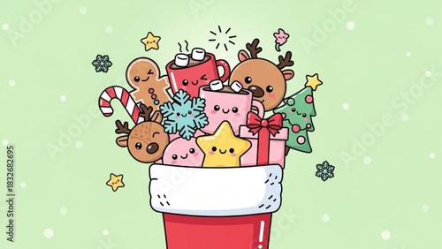 Adorable kawaii christmas characters and symbols overflowing from a red santa sock with a soft green snowy background