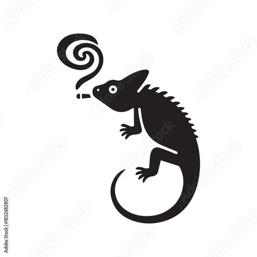 Whimsical Spiral-Tailed Lizard Silhouette with Curious Symbolic Smoke and Playful Expression.