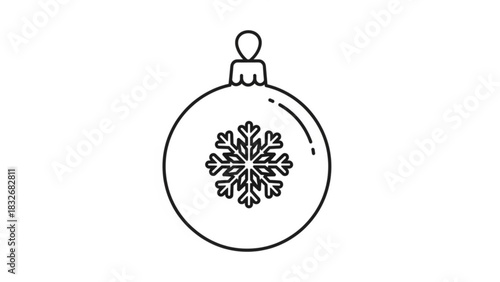 A minimalist black and white line art illustration of a round christmas ornament featuring a detailed snowflake design perfect for holiday decorations and winter themes