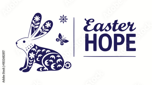 Charming navy blue easter bunny illustration with floral patterns and the words easter hope symbolizing new beginnings and spring renewal