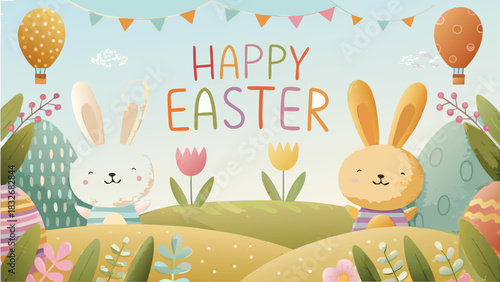 Cute cartoon bunnies and colorful easter eggs in a whimsical landscape with hot air balloons and festive bunting celebrating happy easter