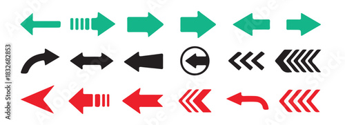 Diverse set of vector arrows pointing left featuring various designs like solid, outlined, and triple chevrons