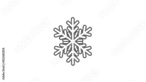 A detailed black outline of a snowflake on a clean white background representing winter and cold weather with a simple graphic design