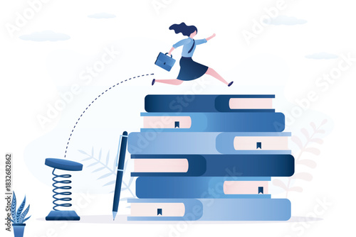 Smart businesswoman or student jump over high books stack. Skills improvement. Education or knowledge, challenge to read textbooks or study new skill,
