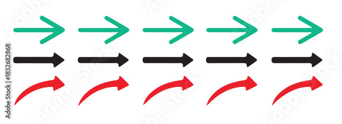 Collection of vector arrows indicating rightward direction with solid and curved designs in three distinct colors