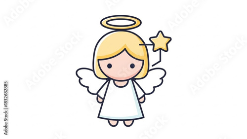 Cute cartoon angel with blonde hair wearing a white robe and holding a golden star on a white background