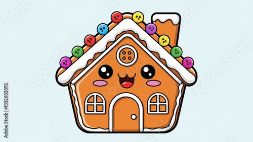 Cute kawaii gingerbread house with colorful candy decorations and smiling face on a light blue background