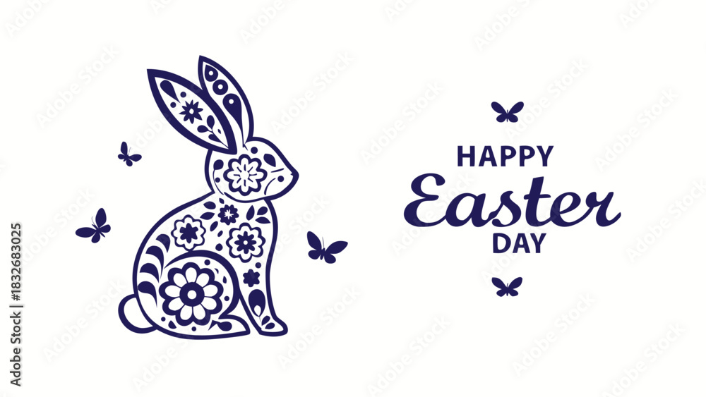 Fototapeta premium Elegant dark blue floral patterned easter bunny and butterflies with happy easter day text on a clean white background perfect for spring celebrations and holiday greetings