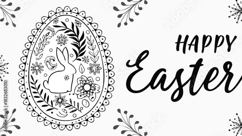 Happy easter greeting with a decorative easter egg featuring a rabbit silhouette and floral elements surrounded by festive foliage and snowflake motifs on a white background