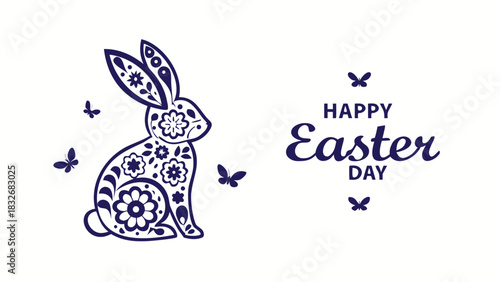 Elegant dark blue floral patterned easter bunny and butterflies with happy easter day text on a clean white background perfect for spring celebrations and holiday greetings