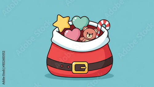 A charming cartoon illustration of santa claus s red sack overflowing with festive gifts including a teddy bear candy cane star and heart shapes against a solid blue background