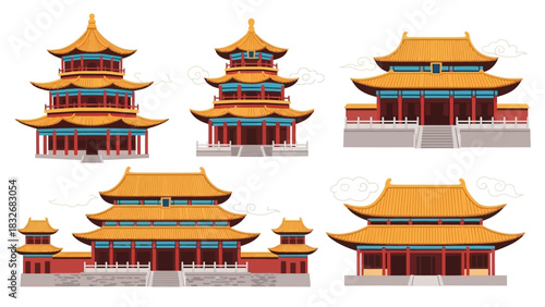 Majestic Collection of Traditional East Asian Pagoda and Temple Architecture - Detailed Vector Illustration Set Reflecting Cultural Heritage