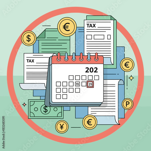 Tax Deadline 2024 with Calendar and Currency Symbols.