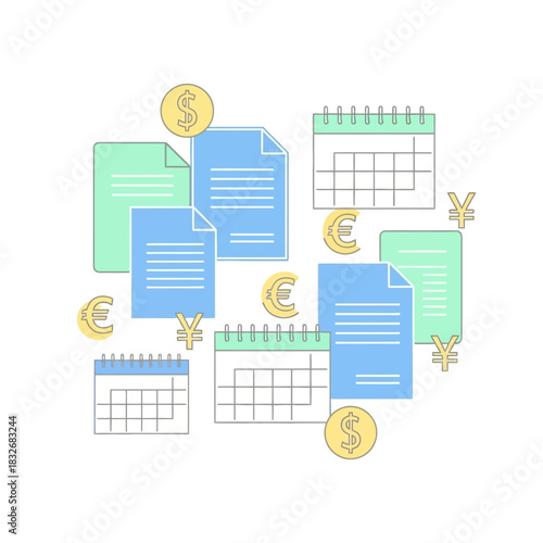 Financial documents calendars and currency symbols representing business and finance.