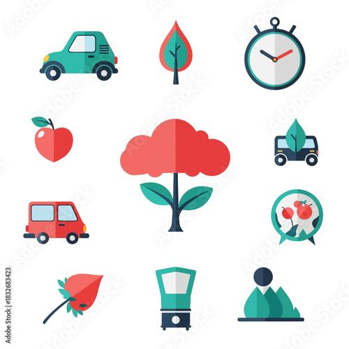 Collection of Flat Design Icons Representing Nature and Transportation.