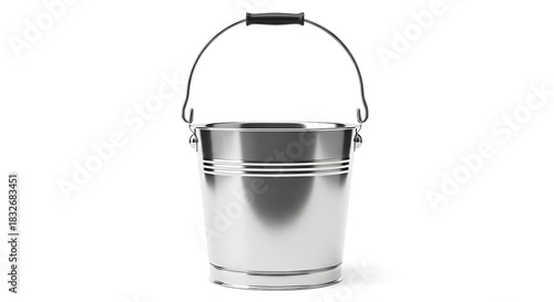 A shiny, metallic bucket with a black handle is shown against a white background. It has a round shape with horizontal lines