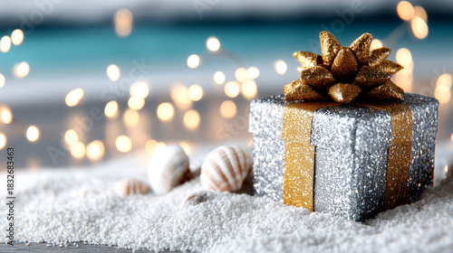 Sparkling gift box with golden bow rests on white sand with seashells and bokeh lights, perfect for holiday or special occasion celebrations