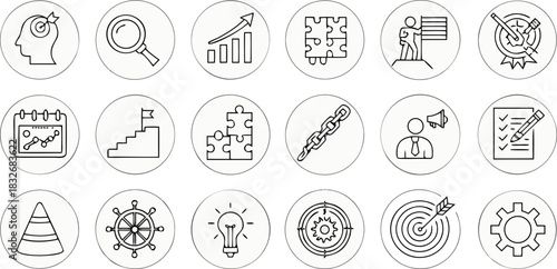 A collection of 20 distinct vector icons is presented in a grid arrangement against a transparent background. The icons are outlined in black, exhibiting a minimalist, line-art style. The icons repres