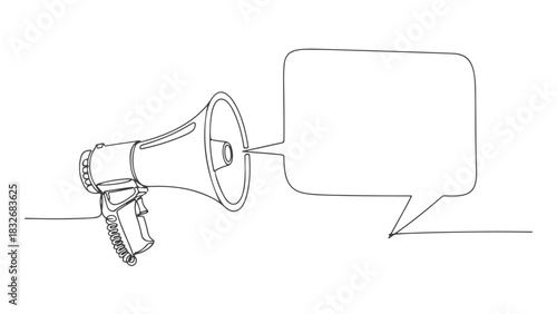 Modern one line art drawing of a continuous megaphone with an empty speech bubble, symbolizing clear communication and important announcements