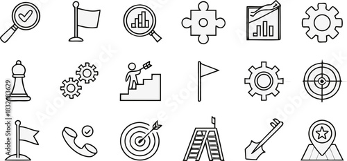 A collection of 20 distinct vector icons is presented in a grid arrangement against a transparent background. The icons are outlined in black, exhibiting a minimalist, line-art style. The icons repres