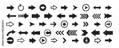 Set of black arrow icons and symbols isolated on white background for web design elements