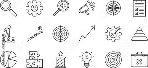 A collection of 20 distinct vector icons is presented in a grid arrangement against a transparent background. The icons are outlined in black, exhibiting a minimalist, line-art style. The icons repres