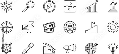A collection of 20 distinct vector icons is presented in a grid arrangement against a transparent background. The icons are outlined in black, exhibiting a minimalist, line-art style. The icons repres