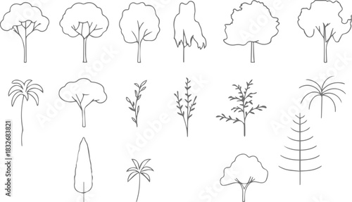 Minimal CAD Tree Outline Set – Tropical Architecture Landscape Line Drawing Vector Collection