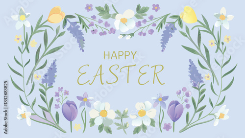 A delicate watercolor floral border frames the words happy easter in elegant golden script on a soft lavender background conveying a gentle spring celebration