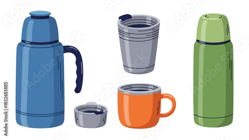 Collection of insulated drink containers including a blue thermos, a silver cup, and a green bottle