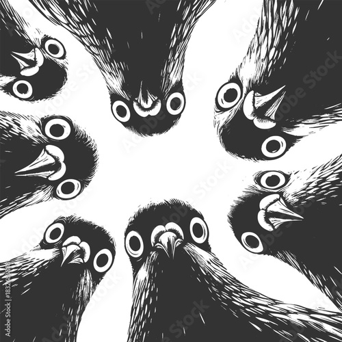 pigeons looking down, humorous visual concepts sketch engraving generative ai fictional character vector illustration. Scratch board imitation. Black and white image.