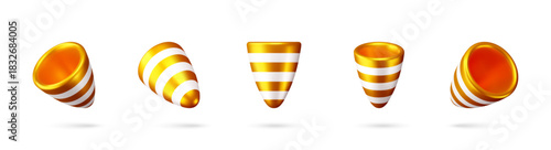 Group of 3d gold and white striped party popper or birthday corn hat objects in various positions floating on a white background. Festive celebration element. Vector illustration