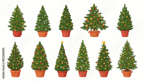 Collection of decorated Christmas trees in pots, festive holiday symbols ready for celebration