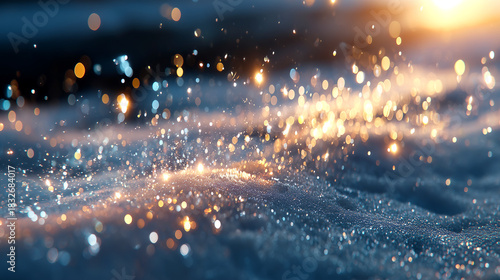Sparkling golden bokeh lights dance across a frosty, shimmering blue icy surface creating a magical winter wonderland atmosphere.