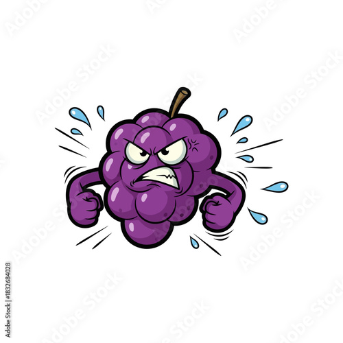 Angry Grape Cartoon Character with Fists and Furious Expression.