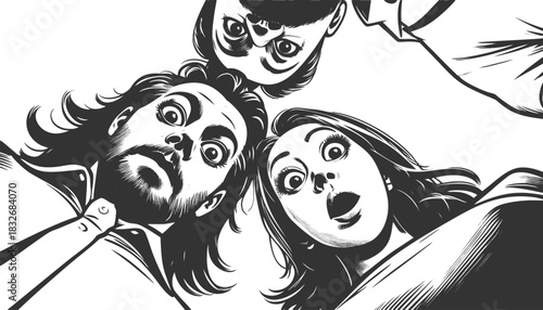 surprised adults peering downward with wide eyes and open mouths in shock sketch engraving generative ai fictional character vector illustration. Scratch board imitation. Black and white image.