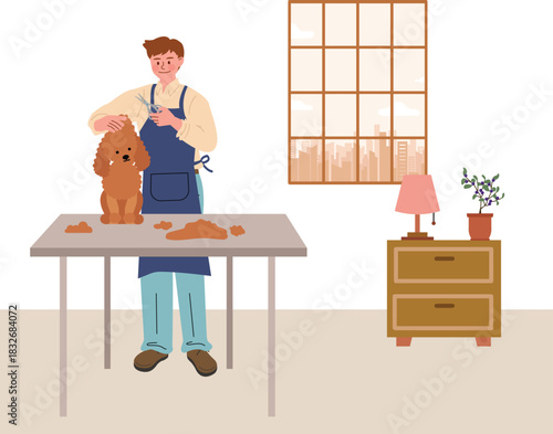 Flat Illustration of Young Man Grooming Dog