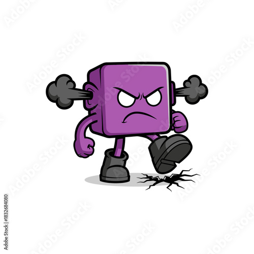 Angry Purple Cube Character Stomping with Steam from Ears.