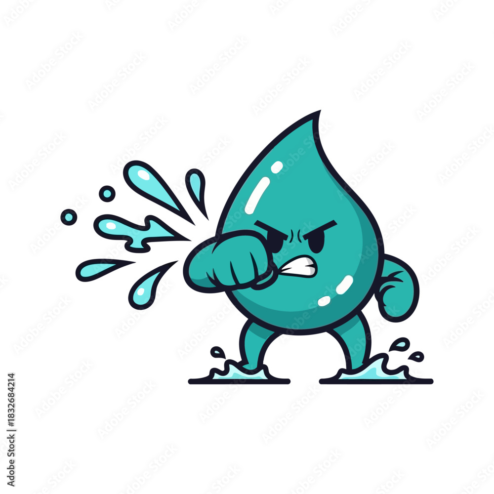 Obraz premium Angry Water Drop Cartoon Character Punching with Water Splash.