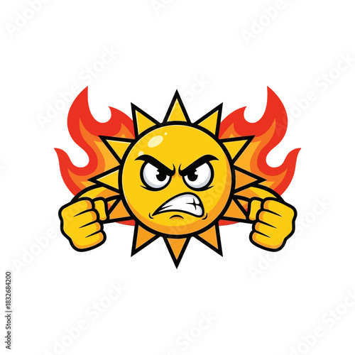 Angry Sun Cartoon Character with Flames and Fists 1.