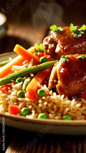 Close up of a plate of cooked meal with rice vegetables and chicken ready to eat