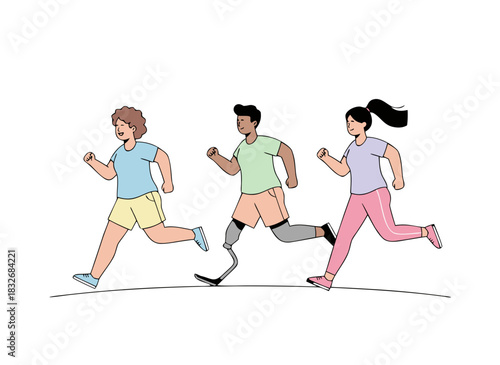 Diverse group of three individuals running together in a flat vector illustration style with light blue green and purple outfits on a black background representing fitness and inclusivity