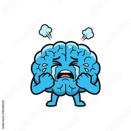 Cartoon Brain Character Overwhelmed with Stress and Crying.