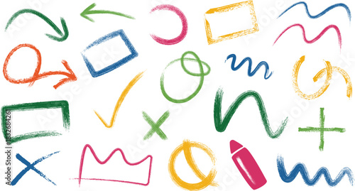 Hand drawn colorful crayon doodle set on white background