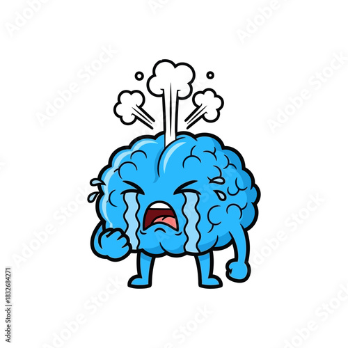 Cartoon Brain Overload Exhausted and Overwhelmed Brain Character.