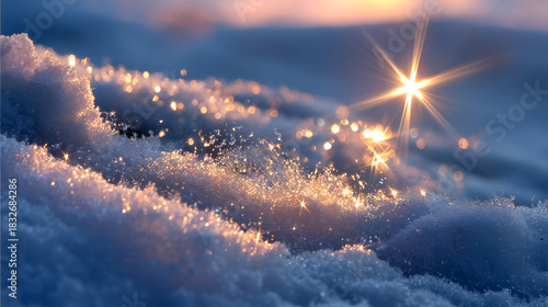 Sparkling snow and ice crystals catch warm sunset light, creating a magical, breathtaking winter landscape with dazzling bokeh effects