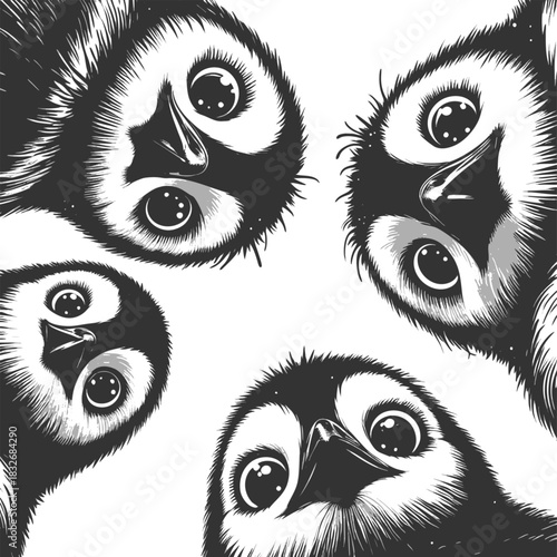 adorable penguins staring downward with wide-eyed, curious, and surprised expressions sketch engraving generative ai vector illustration. Scratch board imitation. Black and white image.